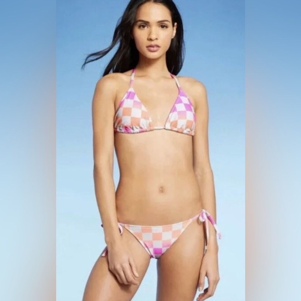 ‼️RARE‼️🎸Xhilaration🎸🔥NWT🔥Neon Ombre Checkerboard Triangle Bikini Top—L